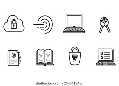Set von verschiedenen Arten von UltraSecure Password Manager 8 Stück Nur dünne Linie, Schwarz, ohne Schatten