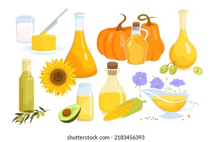 Set of different type of vegetable oils. Various bottles of oil, natural organic product, seeds extract oil, salad and cooking oils, healthy bio ingredient vector illustration