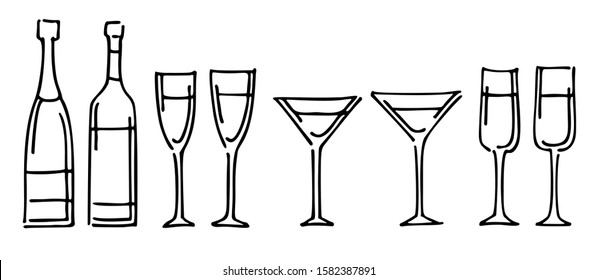 Set of different type wineglasses and bottles black ink hand-drawn graphic on a white background