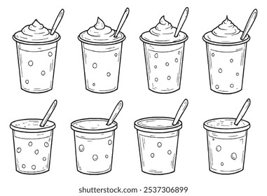 Set of Different type of Yogurt 8 pcs Only thin line, Solid Black color, without shadow.