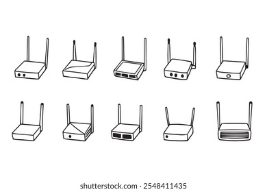 Set of Different type of ZetaBoost Wireless Router 8 pcs Only thin line, Solid Black color, without shadow