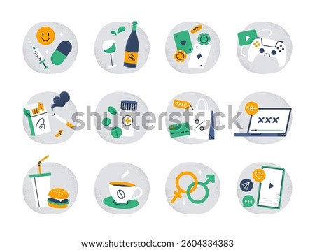 A set of different types of addictions. Awareness, psychology, and lifestyle concepts. Vector illustrations on a white background. 