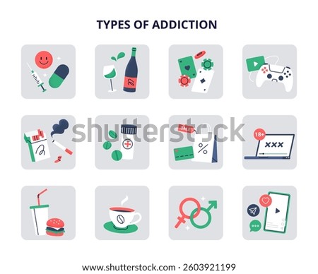A set of different types of addictions. Unhealthy habits and addictions concepts. Vector flat illustrations.