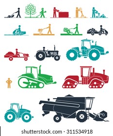 Set of different types of agricultural vehicles and gardening machines. Mower, trimmer, saw, cultivator, tractors, harvesters, combines and excavators. Icon set of working machines.