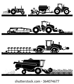 Set of different types of agricultural vehicles and machines, harvesters, combines and excavators. Icon set of working machines. 