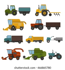 Set of different types of agricultural vehicles and machines harvesters, combines and excavators