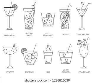 Set of different types of alcohol cocktails. Thin line elements