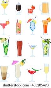 Set of different types of alcohol cocktails and other drinks isolated on white background in flat style. Vector illustration. Collection of alcoholic and non-alcoholic drinks and cocktails.