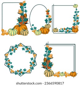 Set of different types of autumn frames with pumpkins, berries, and leaves. Vector illustration 