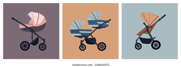 Set of different types baby strollers for boys and girls. Modern baby carriages for twins and newborns. Hand drawn vector illustration isolated on colored background, flat cartoon style.