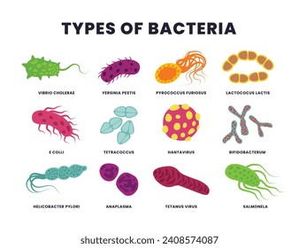 Reihe von verschiedenen Arten von Bakterien, Bakterien und Viren Mikroben Symbole, Farbkeime, Biologie Mikroorganismen Typen. Krankheit oder Krankheit mikroskopische Zellen und Infektion, pathogene Bakterien.