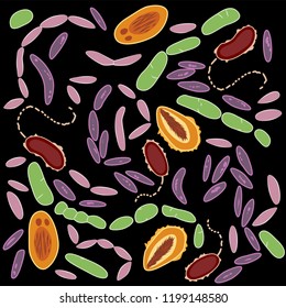 Set of different types of bacterias of human microbiome on black background, vector illustration