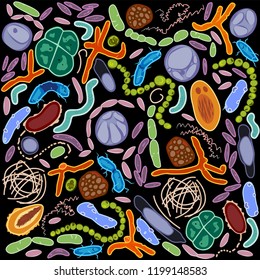 Conjunto de diferentes tipos de bacterias sobre fondo negro, ilustración vectorial