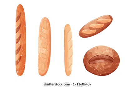 Set of different types of baked goods with different types of bread sweet buns. Vector illustration in flat cartoon style
