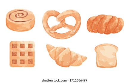 Set of different types of baked goods with different types of bread sweet buns. Vector illustration in flat cartoon style