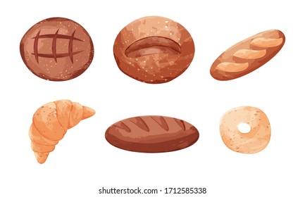 Conjunto de diferentes tipos de productos horneados con diferentes tipos de panecillos dulces. Ilustración vectorial al estilo de las caricaturas planas
