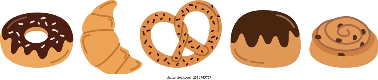 Set of different types of of baking. Simple illustration with sweet buns isolated on white