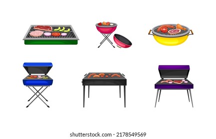 Set of different types barbecue grills. Charcoal grilling equipment with grilled meat and vegetables vector illustration