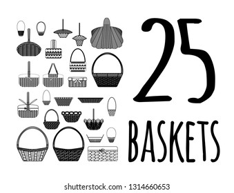 set of different types of baskets. Black line on white background. 25 baskets