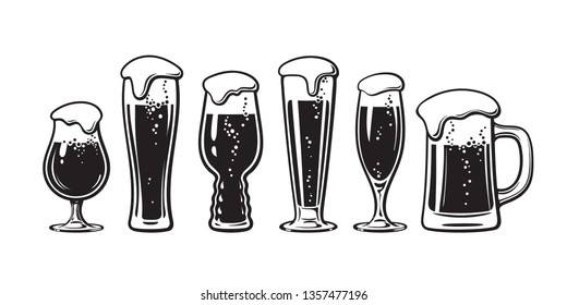 Set of different types of beer glasses. Hand drawn vector illustration isolated on white background.