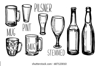 Set of different types of beer glasses. Hand drawn illustration converted to vector. Isolated on white background
