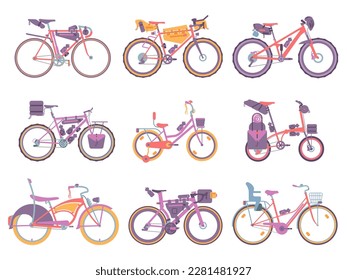 Set of different types of bikes ready for touring, with frame bag, saddlebag, handlebar bag, basket and bike rack. Gravel, Road, Cruiser, retro mtb, city bicycles with bikepacking. Isolated design.