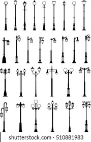 Set of different types of black silhouettes street lamps isolated on white background in flat style. Vector illustration.

