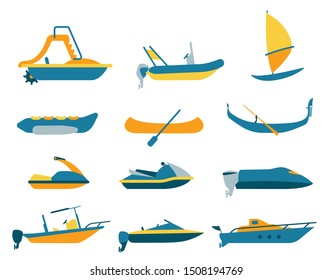 Set of different types of boat and watercraft. Flat vector illustration and graphic design elements for print and web.