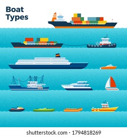 Set of different types of boats on blue waves vector illustration in a flat design.