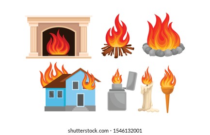 Set of different types of bonfires and fires. Vector illustration on a white background.