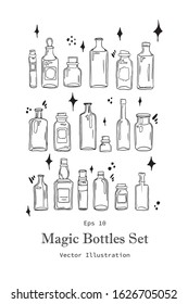 Set of different types of bottles for magic ceremonies. Symbols of witchcraft. Vector illustration for print with text. Hand drawing.