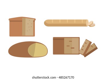 Set of different types of bread vector in flat design. Cake or bun with sliced part for baking concepts, bakery logotypes, food and healthy nutrition illustrating. Isolated on white background.    