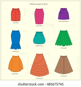 Set of different types of bright colorful skirts. Simple flat vector illustration.
