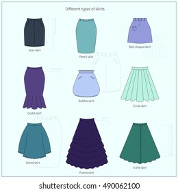 Set of different types of bright colorful skirts. Simple flat vector illustration.