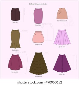 Set of different types of bright colorful skirts. Simple flat vector illustration.