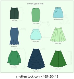 Set of different types of bright green and blue skirts. Simple flat vector illustration.