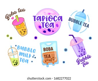 Set of Different Types of Bubble Tea in Plastic Takeaway Cups Icons Isolated on White Background. Asian Tapioca Drink, Boba and Milk Tea in Mugs and Dropper Bag, Cartoon Vector Illustration, Clip Art