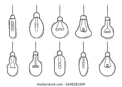 Set of different types of bulb doodles, filament bulb doodles