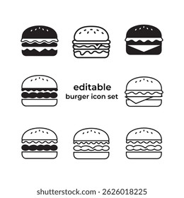 Conjunto de diferentes tipos de iconos de hamburguesas Ilustraciones de diseño de líneas y contorno de Vector	