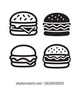 set of different types of burger icons vector outline and line art design illustrations	