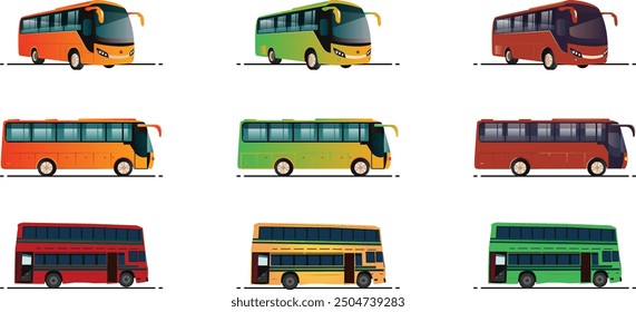 a set of different types of BUS on a white background