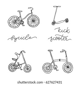 Set of different types bycycles and kick scooter. Hand drawn illustration. Vector.