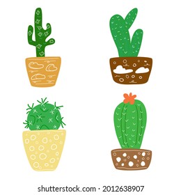 A set of different types of cacti in pots.