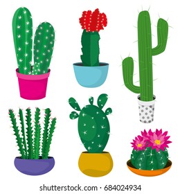 Set of different types of cactus in colorful ceramic pots. Spikes and flowers, Desert exotic plants decoration. Isolated vectors on white background.