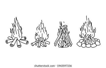 Set of different types of campfires. Hand drawn outline illustration in doodle style. Vector.