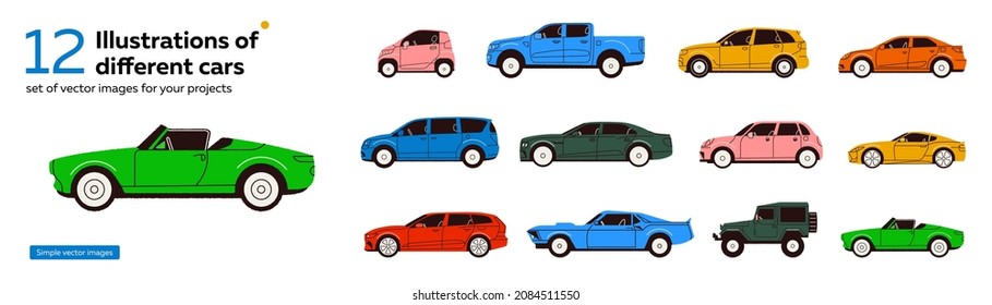 Set of different types of cars. Sticker or magnet. Simple vector illustration