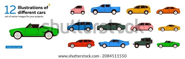 Set of different types of cars. Sticker or\
magnet. Simple vector\
illustration