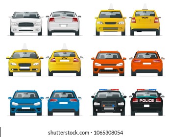 Conjunto de diferentes tipos de coches. Taxi amarillo, policía y taxi sedán aislados sobre una imagen vectorial de fondo blanco plana. Vista delantera y trasera