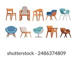 Set of different types of chairs furniture for the hall, home and hotels vector illustration isolated on white background