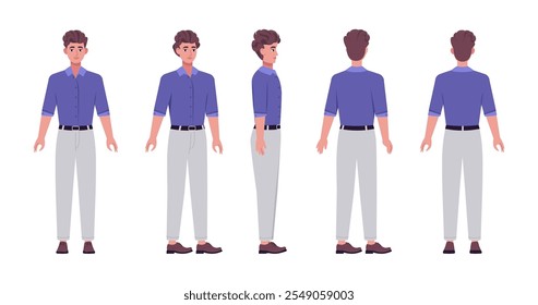 Un conjunto de diferentes tipos de caracteres. Un joven desde varios ángulos. Vistas desde la parte frontal, lateral, trasera y frontal. Ilustración vectorial en un estilo plano